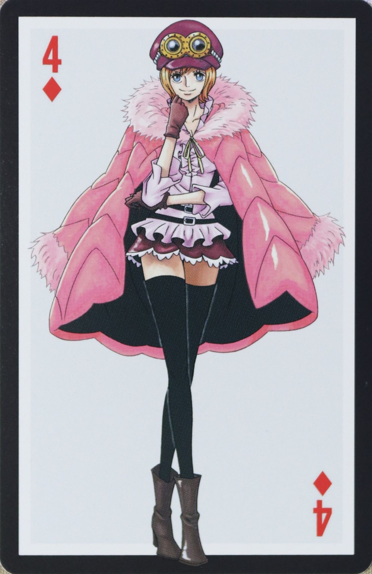 One Piece Log Collection playing card, 4 of Diamonds: Koala in a pink fur cape, frill blouse and layered skirt, wearing a burgundy goggle cap