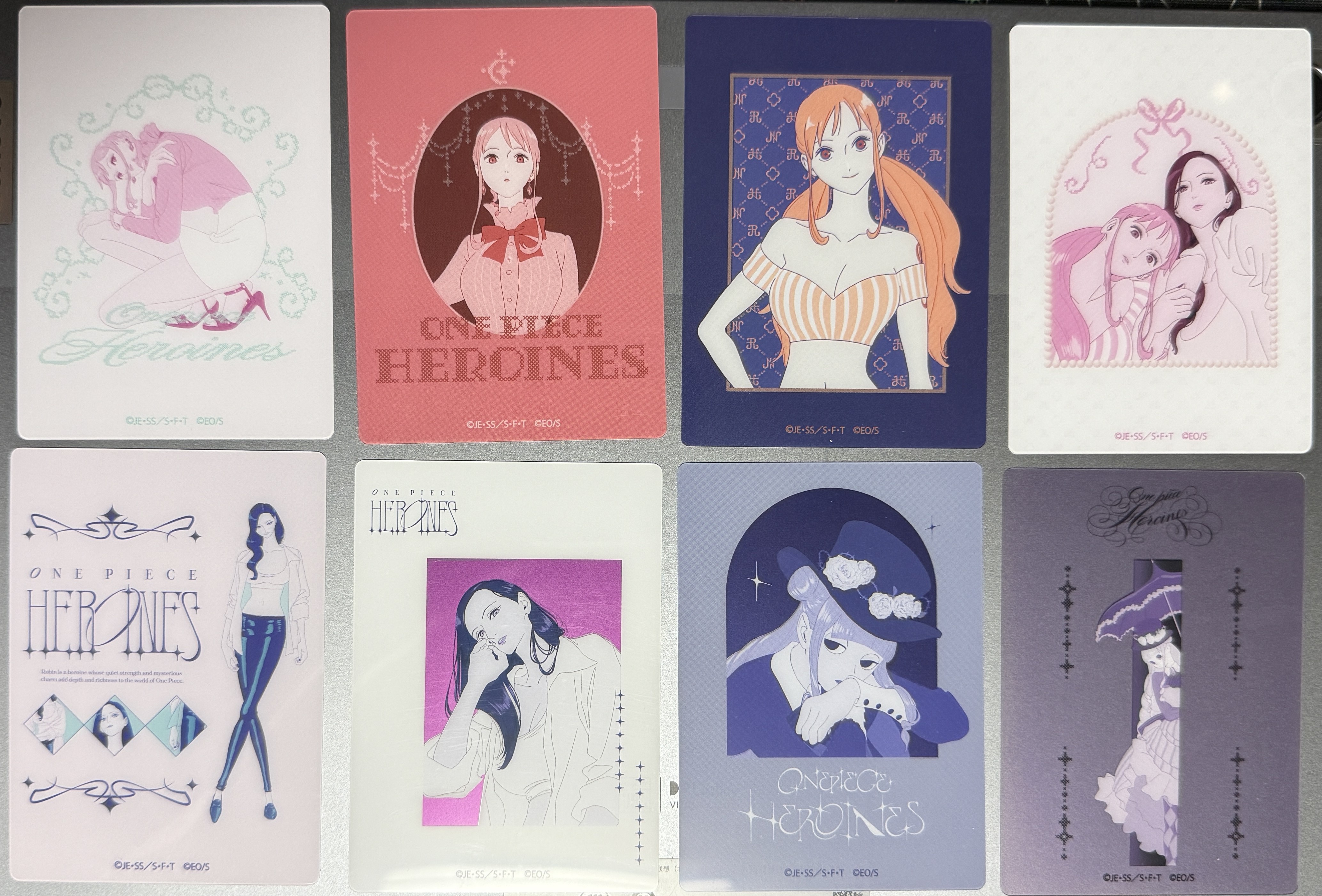 All eight ONE PIECE HEROINES clear cards laid out together
