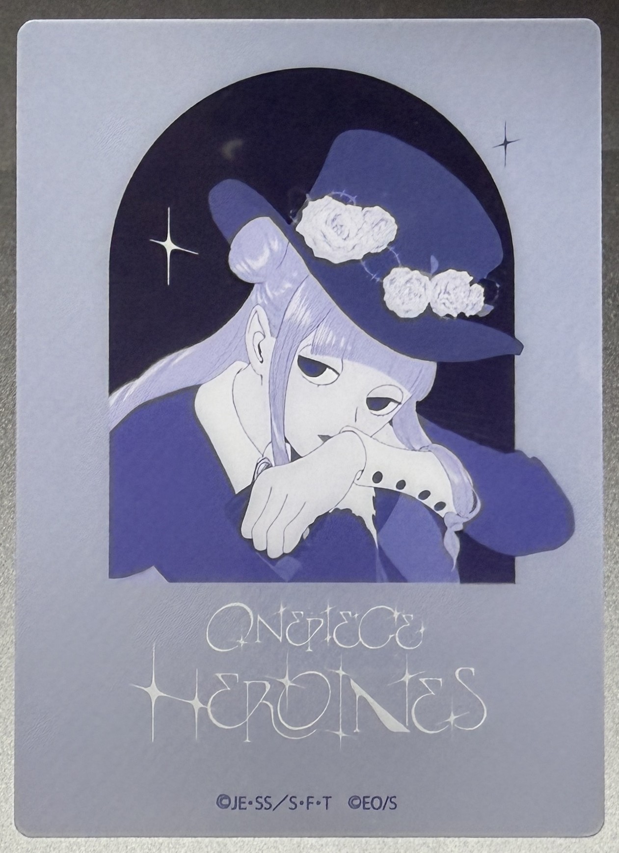 Perona clear card, navy arch with rose hat design
