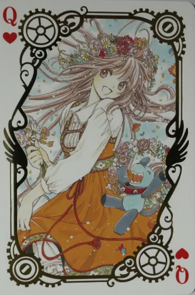 CLAMP exhibition playing card, Queen of Hearts: Kobato Hanato in a white blouse and amber-orange pinafore dress with a flower crown, Ioryogi beside her