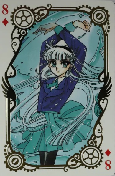 CLAMP exhibition playing card, 8 of Diamonds: Umi Ryuuzaki in a navy blazer, teal pleated skirt and white beret amid flowing water