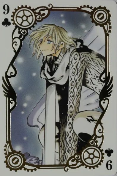 CLAMP exhibition playing card, 9 of Clubs: Fai D. Flourite in the snow