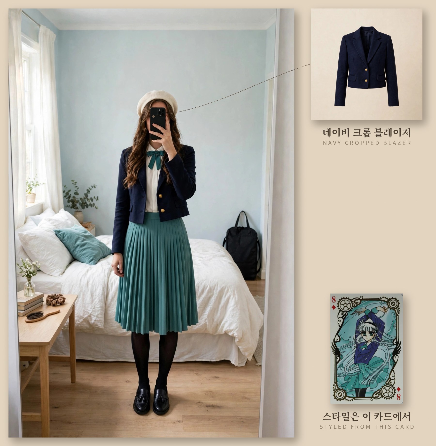 Outfit board: the Umi teal-pleats daily look worn in a bright mirror selfie in a pale blue room, with the navy cropped blazer panel and the 8 of Diamonds card