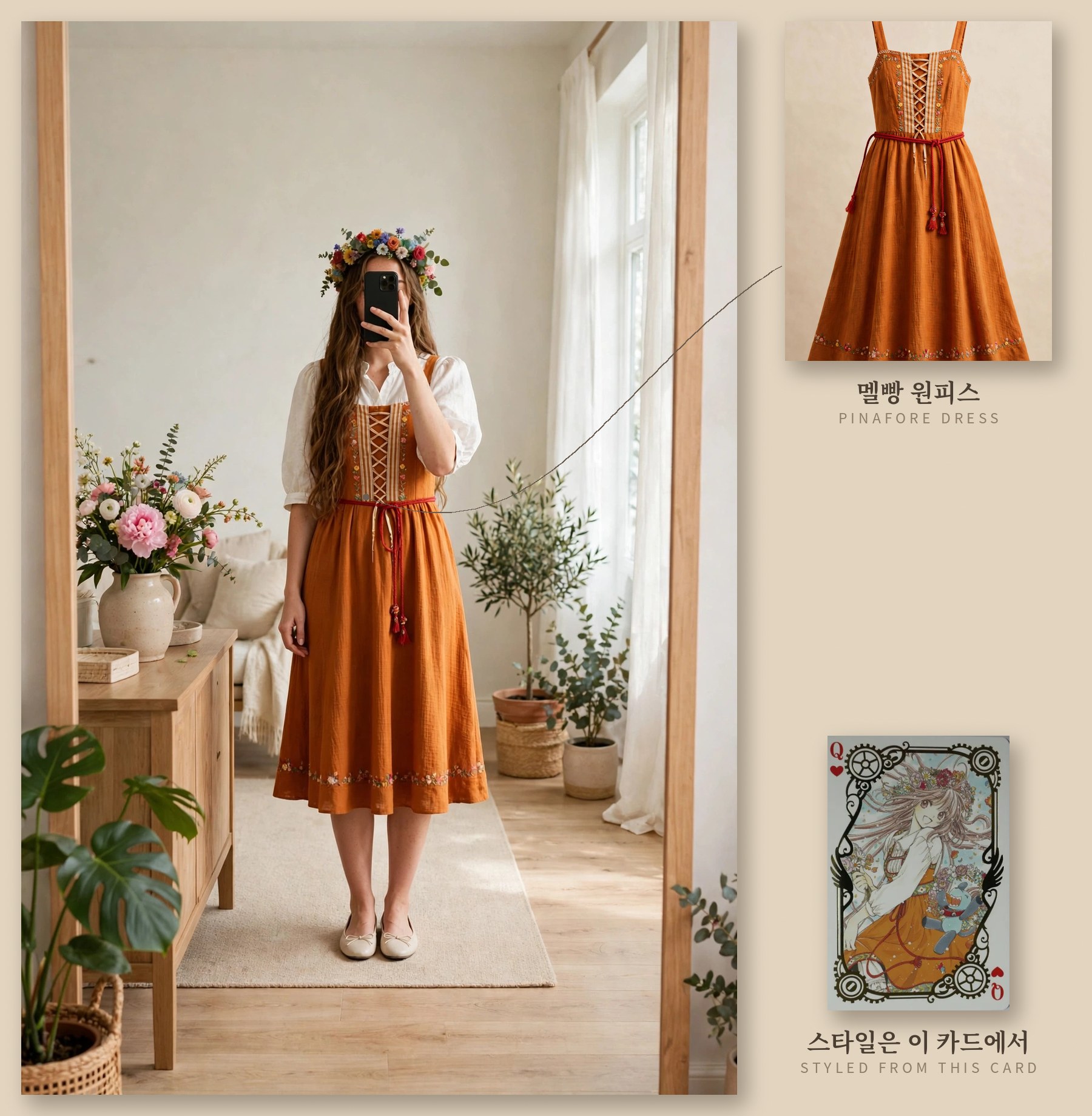 Outfit board: the Kobato pinafore-dress daily look worn in a bright mirror selfie, with the pinafore dress panel and the Queen of Hearts card