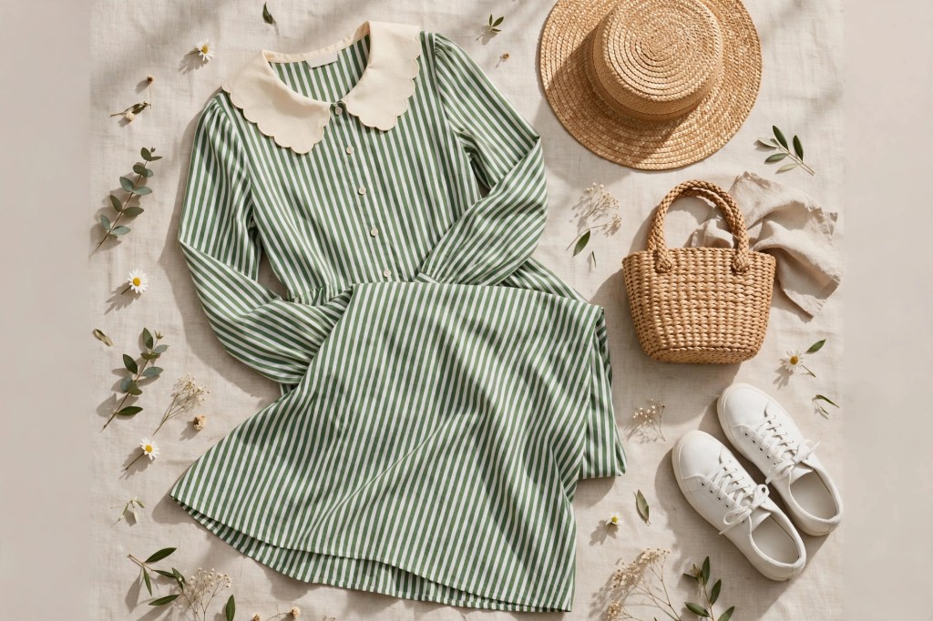 Utako’s Green Stripe Dress Daily Look – 20 Faces, Please! Outfit&nbsp;Guide