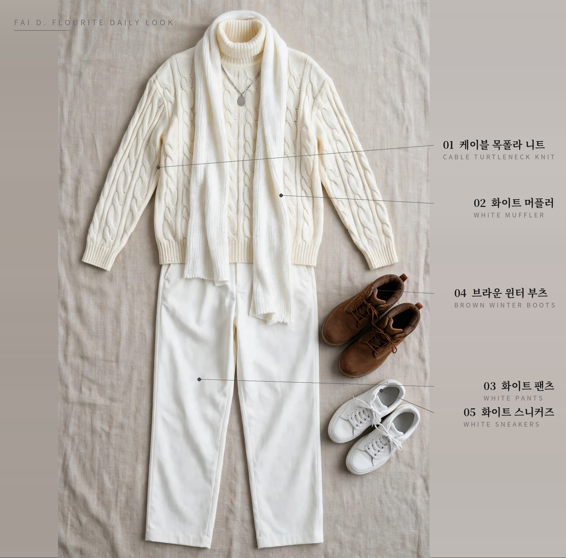 Fai D. Flourite daily look flat-lay: cable turtleneck knit, white muffler, white pants, brown boots and white sneakers