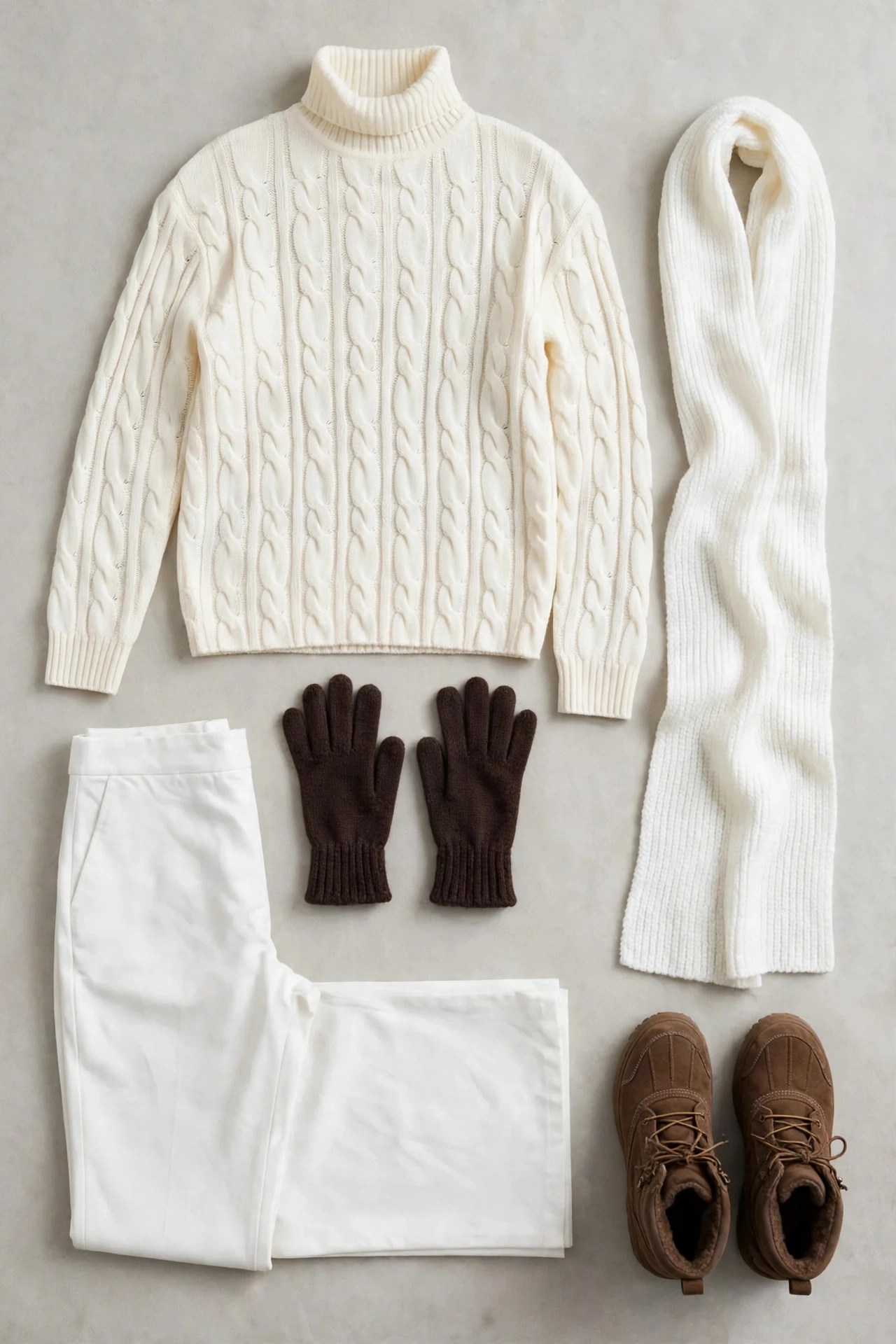 Deep-winter variation: cable turtleneck knit, white muffler, dark gloves, white pants and brown boots