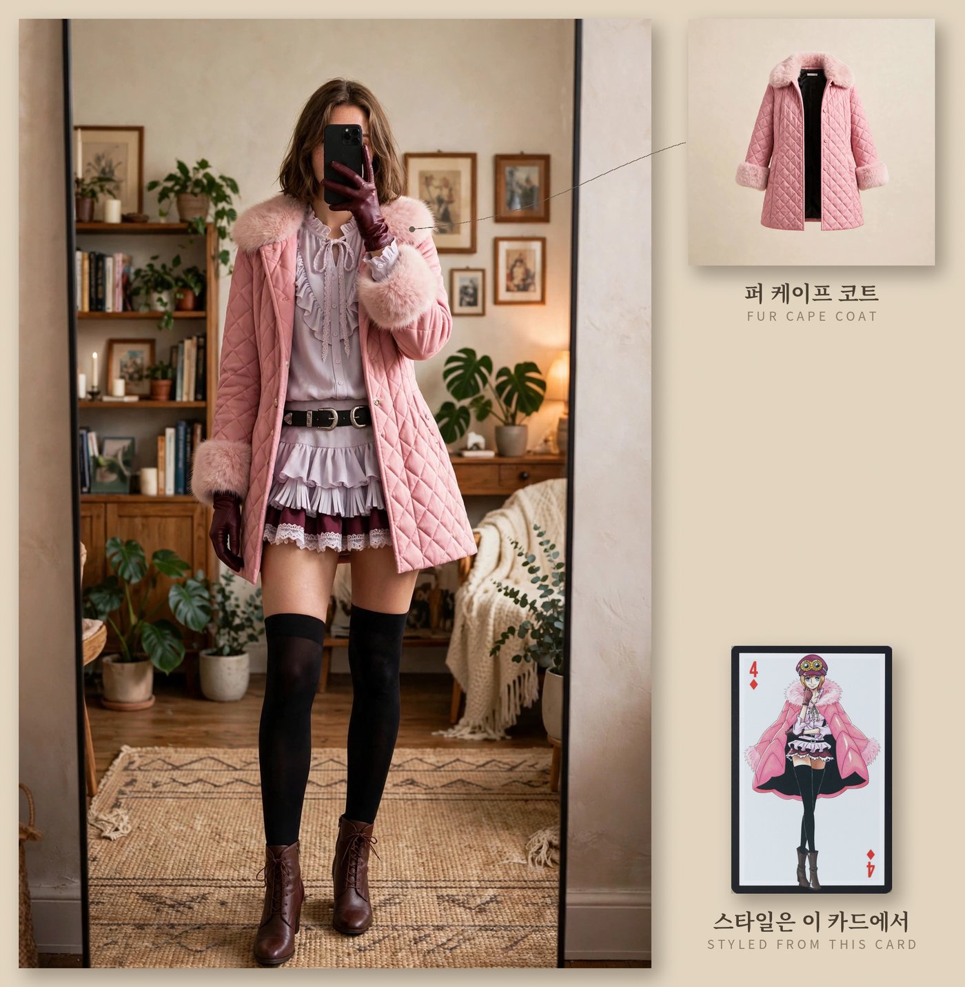 Outfit board: the Koala fur-cape daily look worn in a mirror selfie, with the cape coat panel and the 4 of Diamonds card