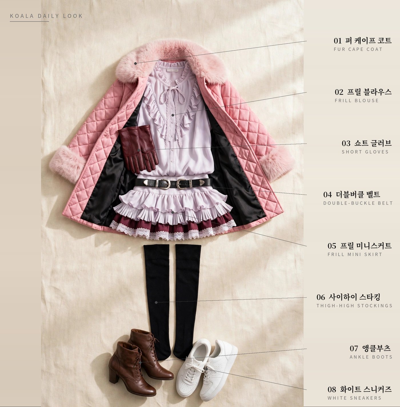 Koala daily look flat-lay: pink fur cape coat, lavender frill blouse, burgundy short gloves, double-buckle belt, layered frill mini skirt, black thigh-high stockings, brown ankle boots and white sneakers, with labels
