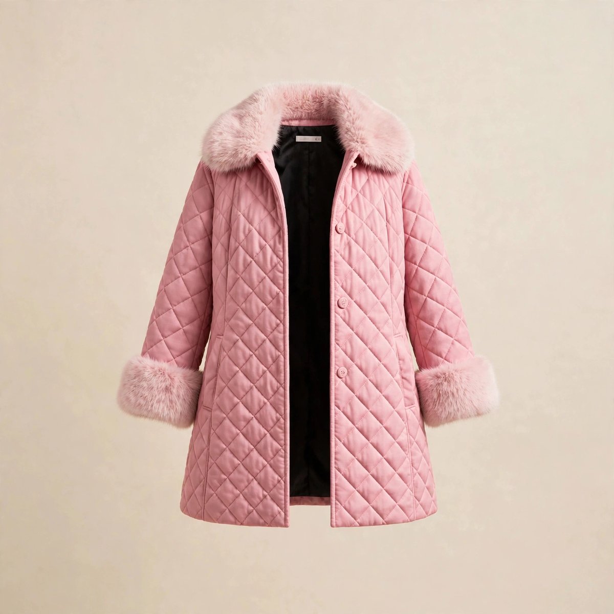 The pink quilted cape coat with pale-pink fur collar and cuffs, shown on its own