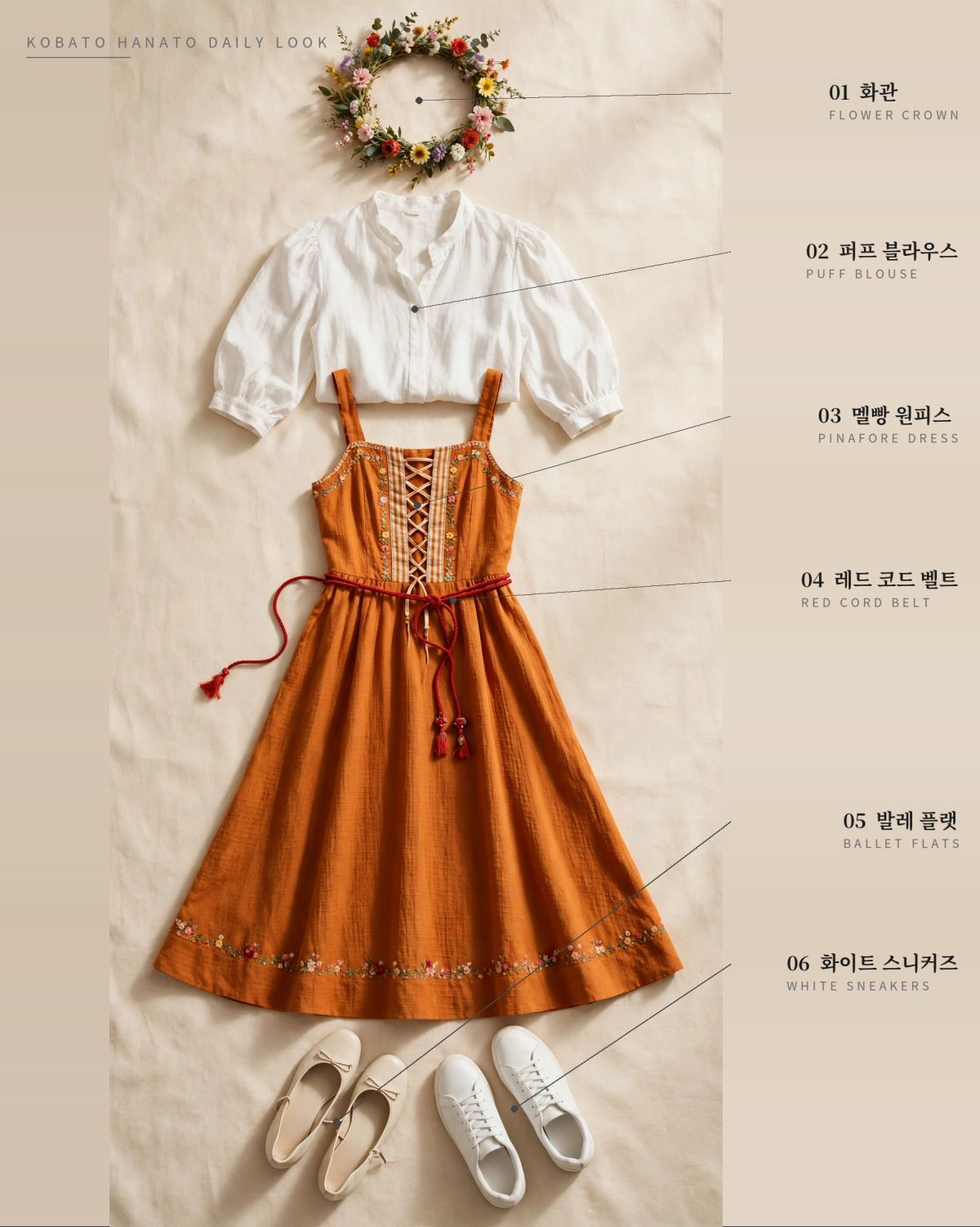 Kobato Hanato daily look flat-lay: flower crown, white puff blouse, amber-orange pinafore dress, red cord belt, ballet flats and white sneakers, with labels
